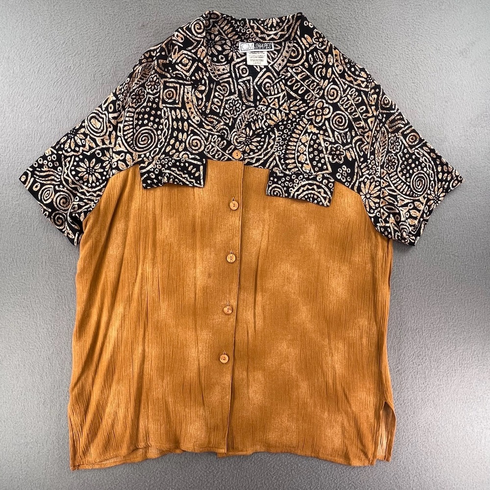C.M. Shapes Women Button Up Rayon Large Mustard Yellow Boho Batik Print Top